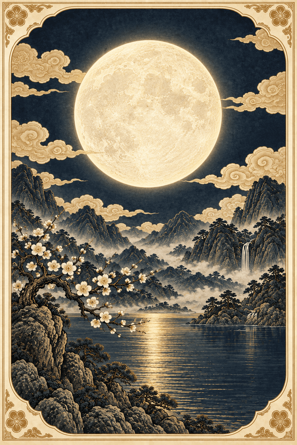 The Silver Moon: a full ivory moon over blue mountains
