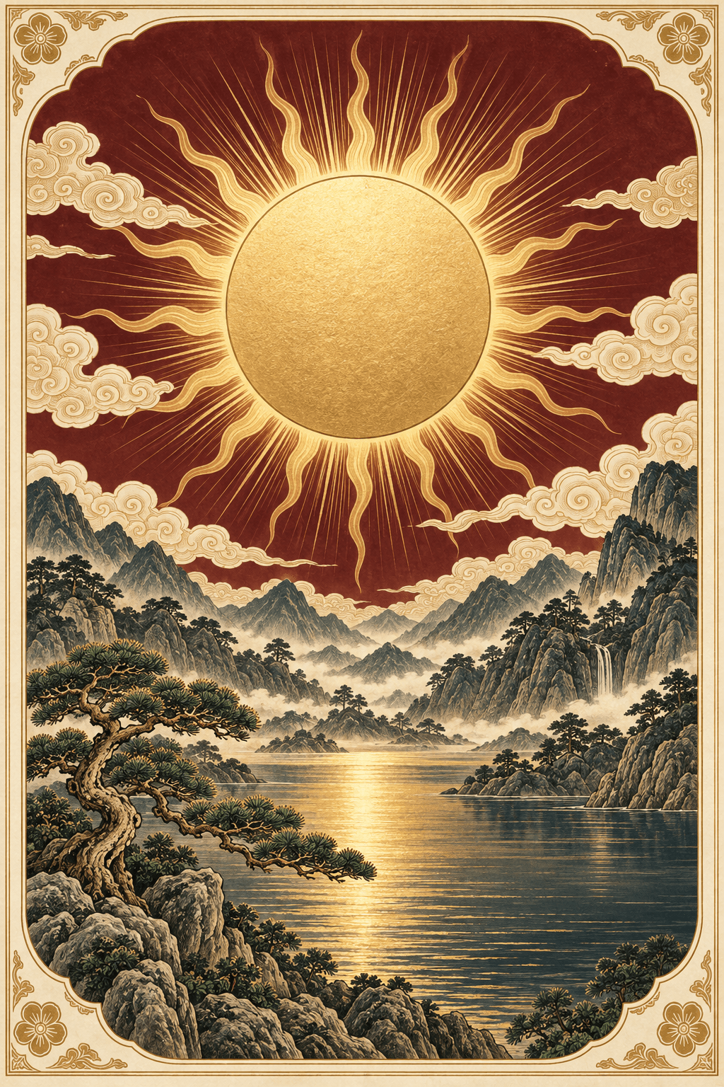 The Bright Sun: a golden sun rising above flowing clouds